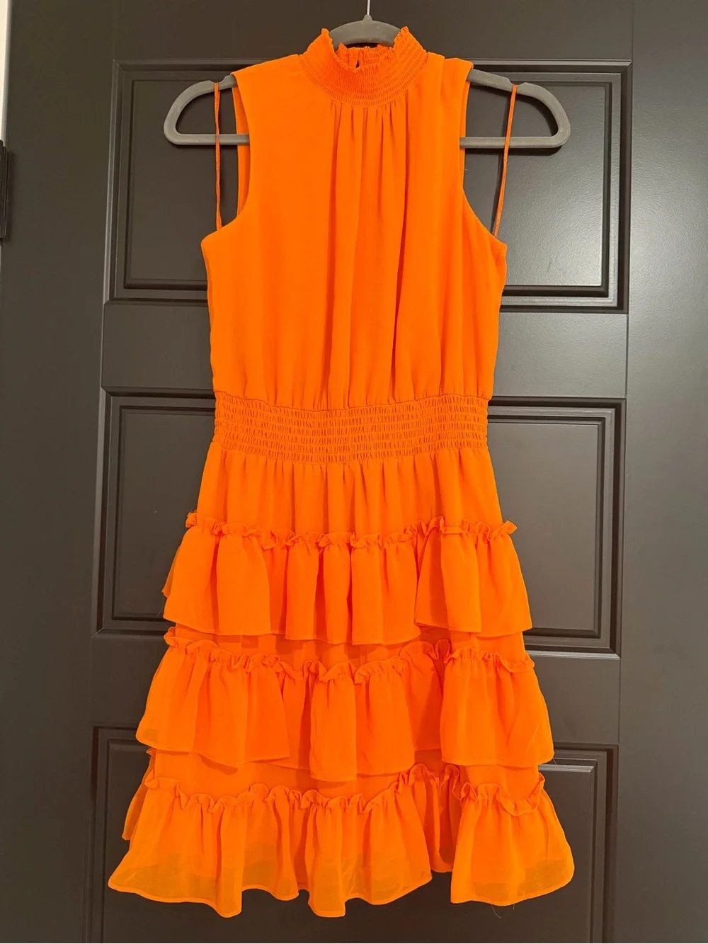 1.STATE Orange Tiered Ruffle High Neck Midi Dress Size Small